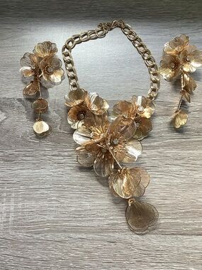 Gold Floral Statement Necklace and Earrings Set
